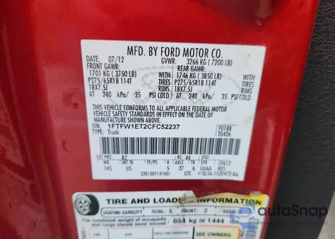 2012 Ford F150 Supercrew z USA, uszkodzony, nr VIN 1FTFW1ET2CFC52237